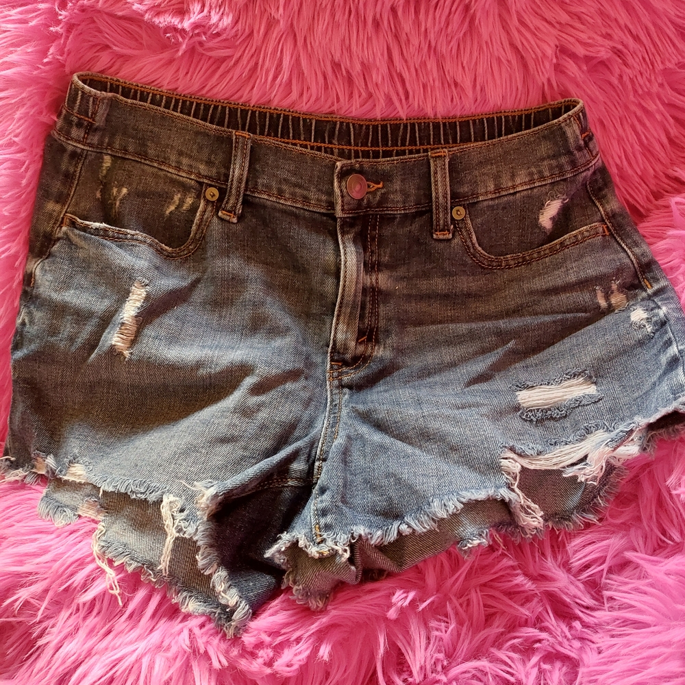 Aerie Blue Distressed Jean Shorts with Frayed Hem
